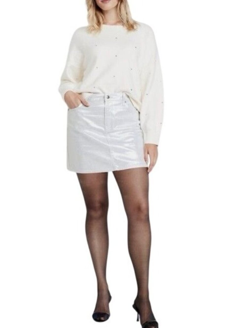 Old Navy Metallic Silver Denim Mini Skirt Women's Size 14 Bold Neutral NWT